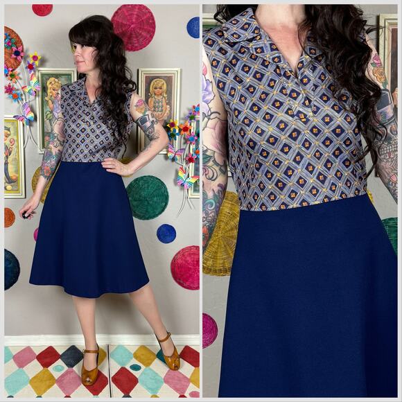 Vintage 1970s Blue Sleeveless Collar A-Line Minidress - Picture 1 of 9
